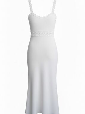 Express White and Black Ribbed Midi Slip Dress with Lace Trim